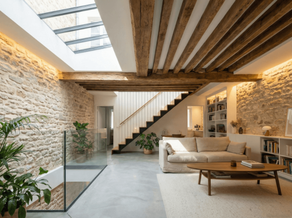 Rénovation spectaculaire d'une cave en souplex lumineux avec grand puits de lumière, murs en pierre et poutres apparentes, réalisée par ANAKA à Grenoble.