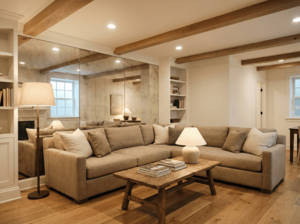 Photo d'un salon en sous-sol aménagé avec lumière chaude et mobilier cosy.