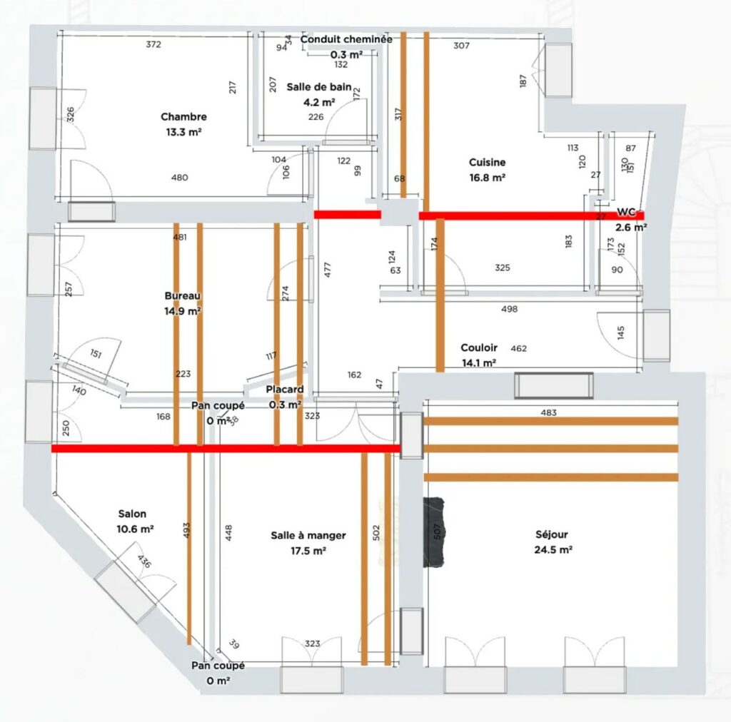 Plan du plancher d'un appartement haussmannien 