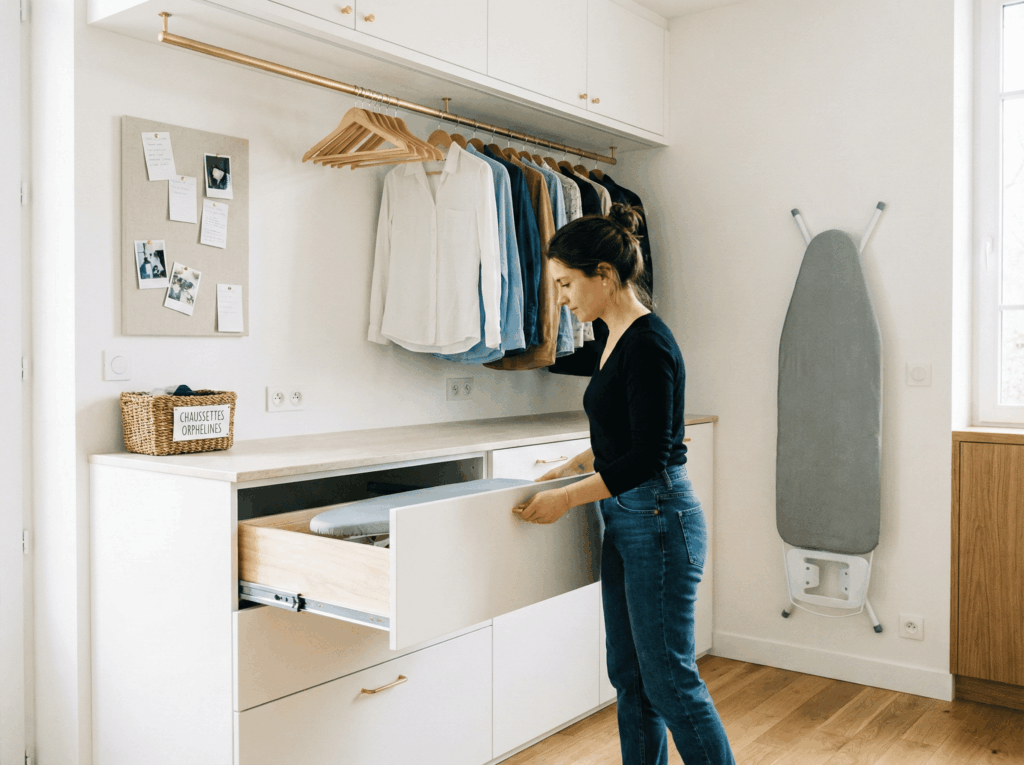 Un aménagement de buanderie sur mesure avec une planche à repasser escamotable sortant d'un tiroir, une tringle en laiton avec des vêtements sur cintres, un tableau mémo et un panier à chaussettes orphelines dans un intérieur lumineux et moderne.