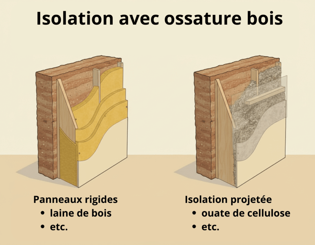 Schéma comparatif d'isolation par l'intérieur sur mur en pisé avec ossature bois : pose de panneaux rigides en laine de bois à gauche et isolation projetée en ouate de cellulose à droite