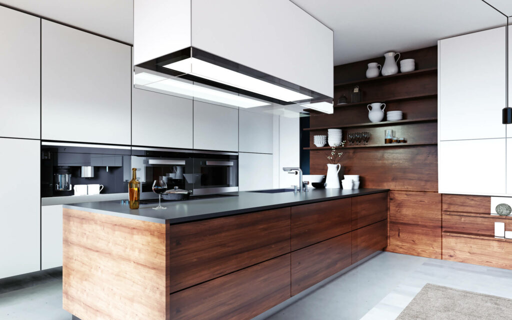 cuisine chaleureuse avec marbre, bois en noyer et façade blanche