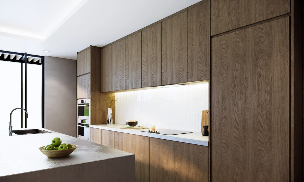 Cuisine sérénité organique signée Atelier Anaka : façades chêne de Côme et plan de travail en travertin pour un style Japandi intemporel.