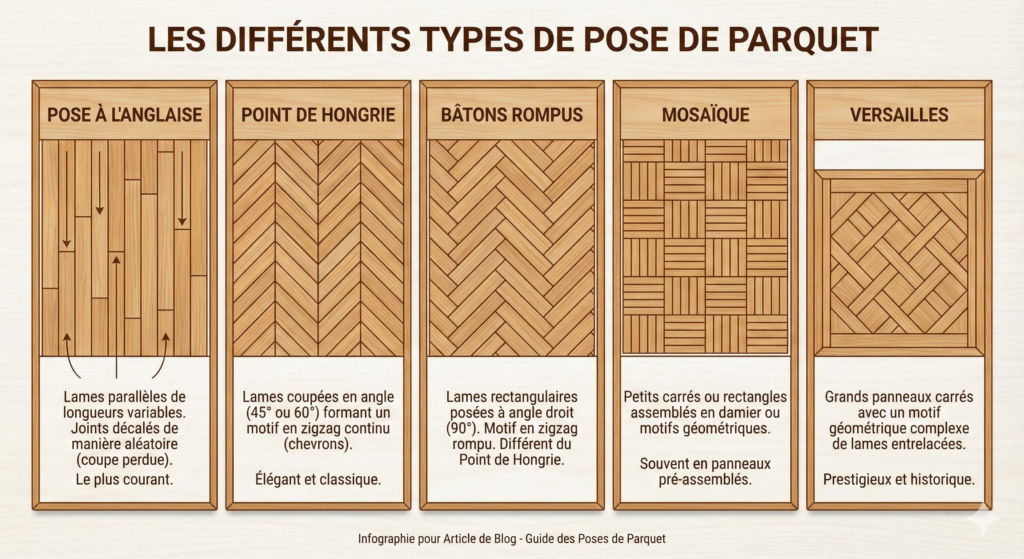Infographie détaillée intitulée 'LES DIFFÉRENTS TYPES DE POSE DE PARQUET', illustrant et expliquant cinq motifs de pose populaires pour le parquet en bois.