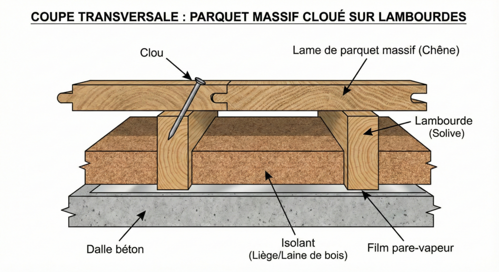 Coupe transversale d'un parquet massif