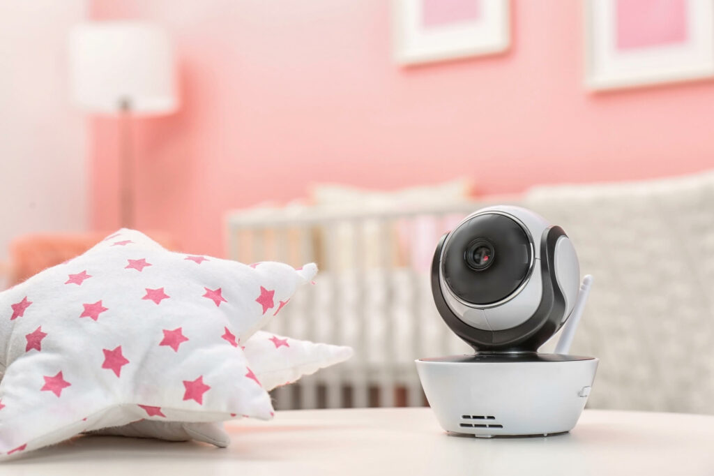Installation sécurisée d'un babyphone vidéo fixé en hauteur avec goulotte cache-câble pour protéger l'enfant des risques.
