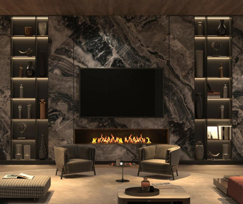 Optimisation de l'éclairage avec ruban LED indirect derrière la TV et spots dark light sur le mur de la cheminée.