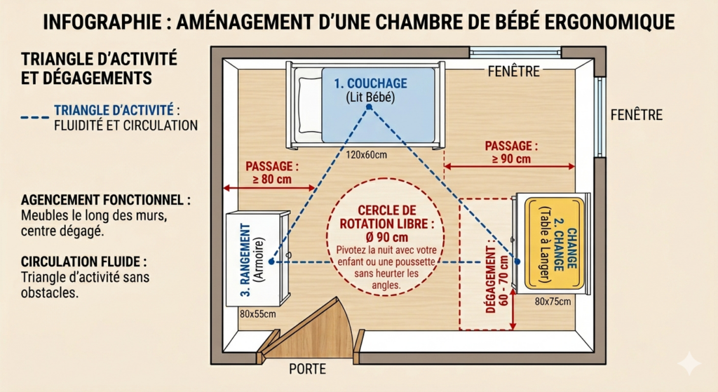 Schéma ergonomique d'une chambre de bébé illustrant le triangle d'activité et les distances de sécurité pour optimiser l'espace.