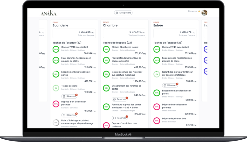 Interface de l'application de suivi de chantier développée par Anaka pour centraliser la communication et la traçabilité.