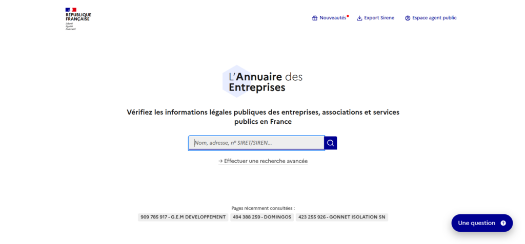 Capture d'écran de l'annuaire des entreprises affichant le statut « En activité » d'une entreprise de rénovation