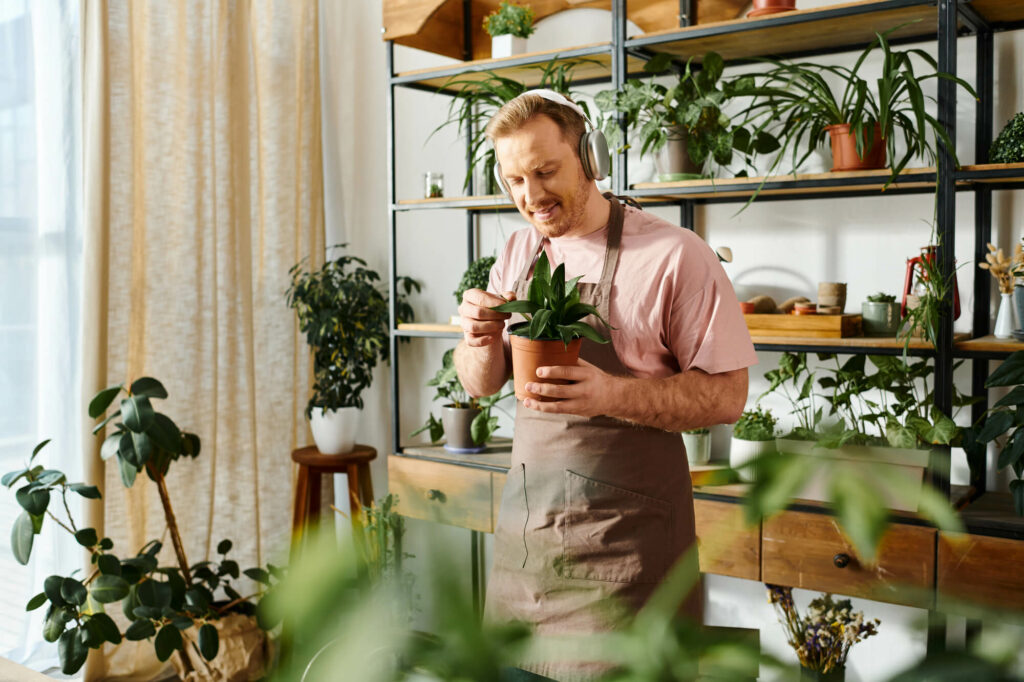 Mur-galerie et plantes retombantes dans un petit salon minimaliste