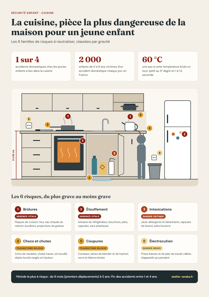 Infographie des zones à risque d'une cuisine pour un enfant : plaques, four, évier, prises et placards bas