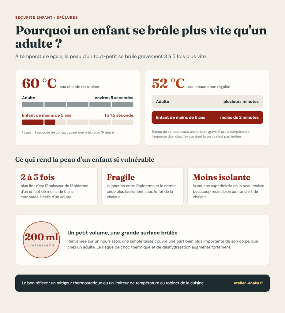 Graphique comparant le temps de brûlure grave par l'eau chaude chez l'enfant et l'adulte à 52 et 60 °C